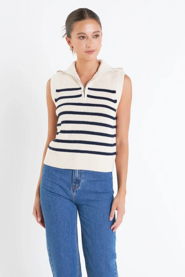 ENGLISH FACTORY Sweaters & Knits | Tops*- Stripe Half Zip Up Sleeveless Knit Top