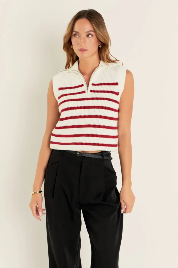 ENGLISH FACTORY Sweaters & Knits | Tops*- Stripe Half Zip Up Sleeveless Knit Top