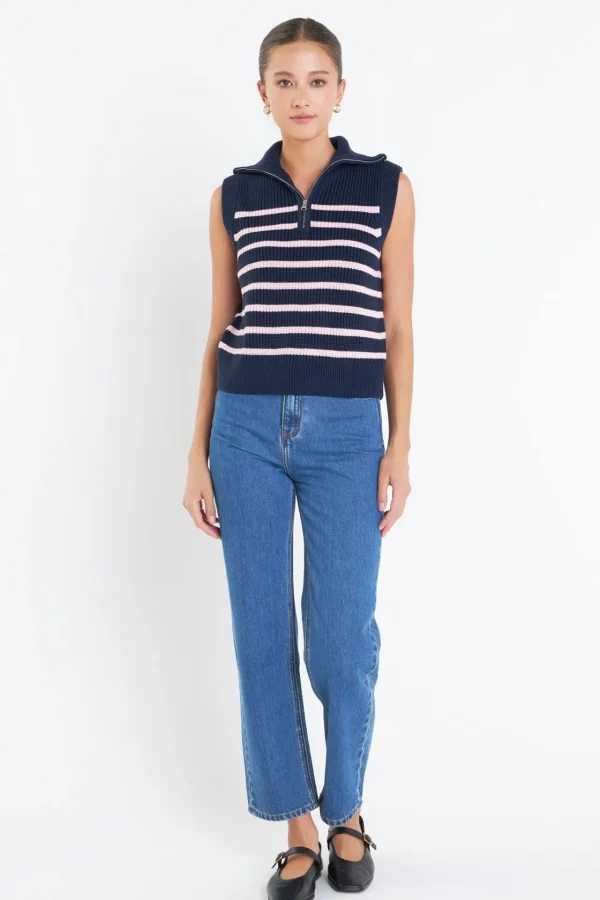ENGLISH FACTORY Sweaters & Knits | Tops*- Stripe Half Zip Up Sleeveless Knit Top