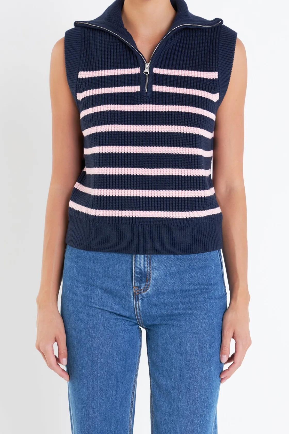 english_factory__stripe_h_5.webp ENGLISH FACTORY Sweaters & Knits | Tops*- Stripe Half Zip Up Sleeveless Knit Top
