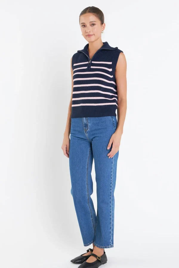 ENGLISH FACTORY Sweaters & Knits | Tops*- Stripe Half Zip Up Sleeveless Knit Top