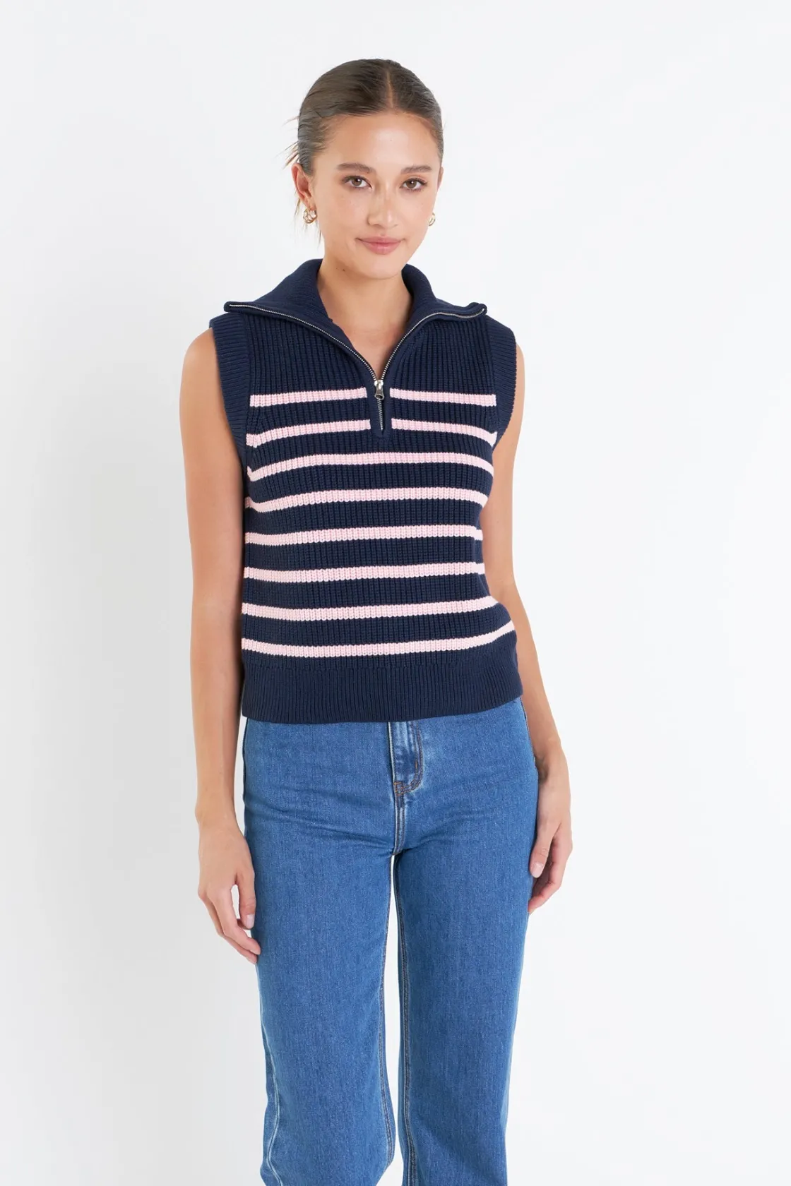 english_factory__stripe_h_8.webp ENGLISH FACTORY Sweaters & Knits | Tops*- Stripe Half Zip Up Sleeveless Knit Top
