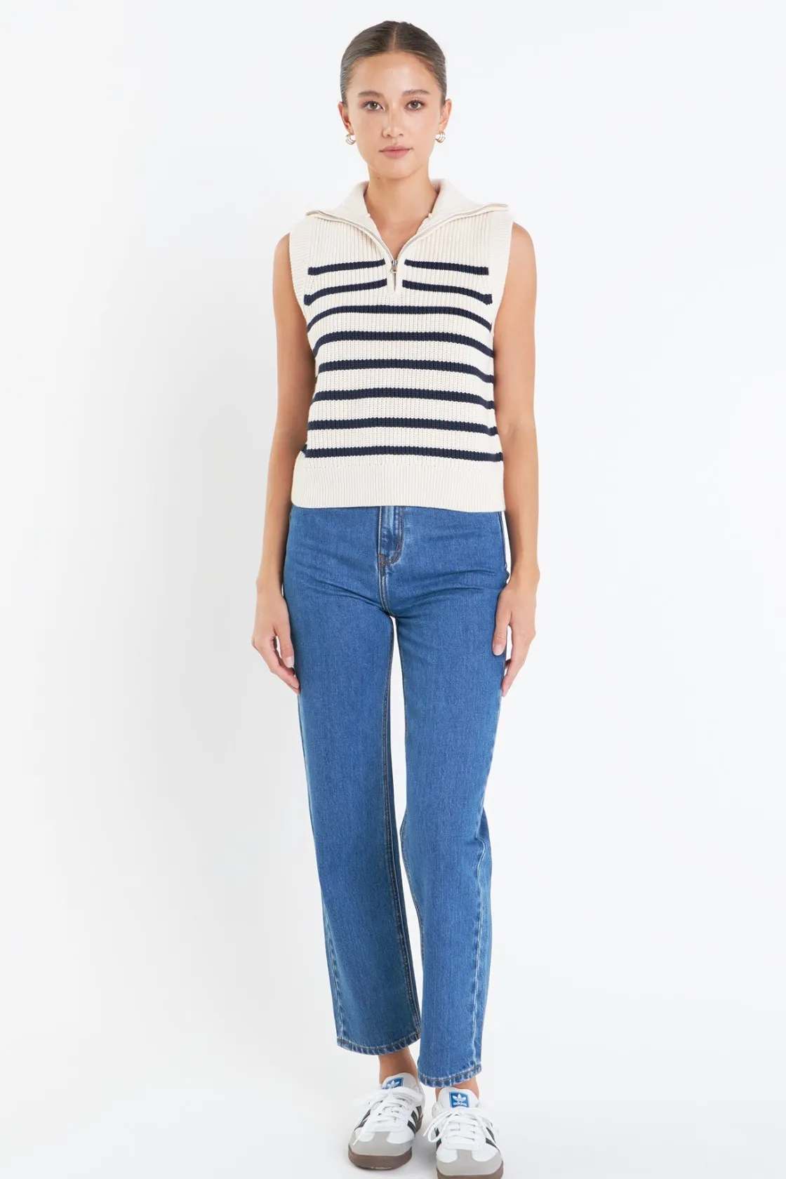 english_factory__stripe_h_9.webp ENGLISH FACTORY Sweaters & Knits | Tops*- Stripe Half Zip Up Sleeveless Knit Top