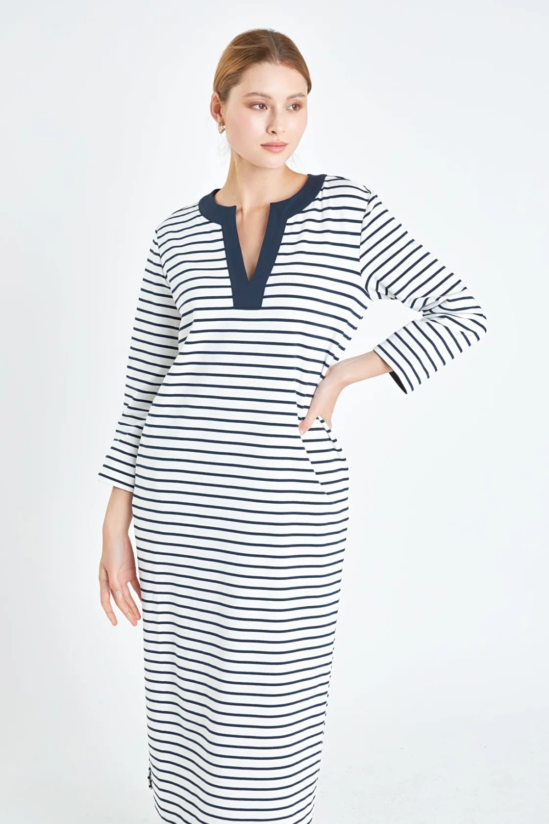 english_factory__stripe_j_3.webp ENGLISH FACTORY Tops*- Stripe Jersey Midi Dress WHITE/NAVY