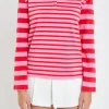 ENGLISH FACTORY Tops*- Stripe Long Sleeve Collared Knit Top PINK/RED