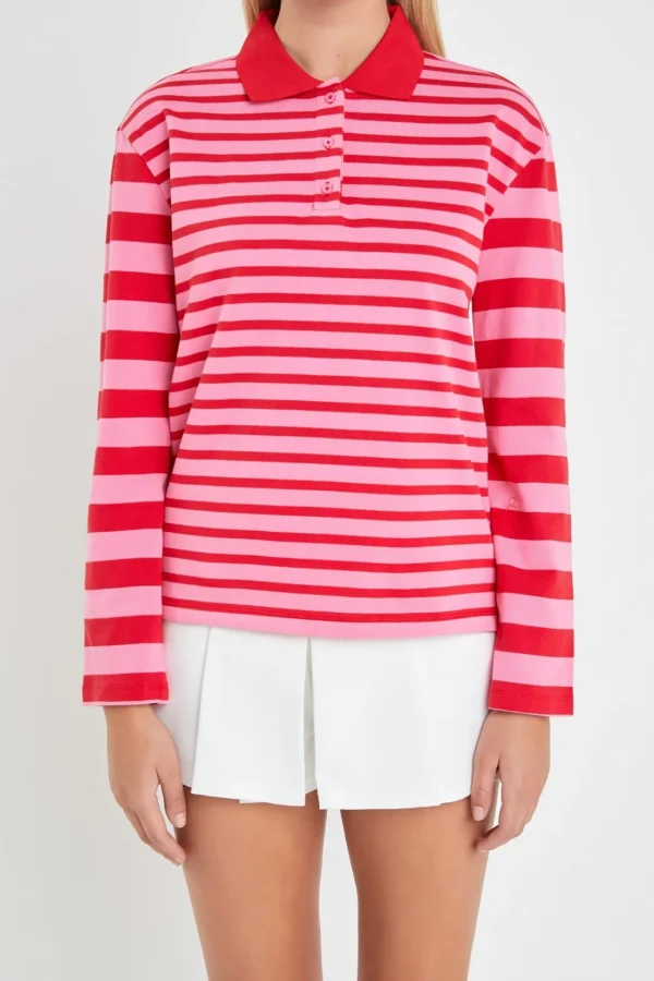 ENGLISH FACTORY Tops*- Stripe Long Sleeve Collared Knit Top PINK/RED