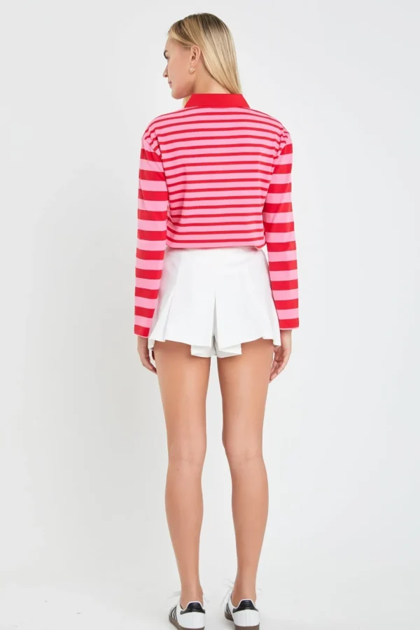 ENGLISH FACTORY Tops*- Stripe Long Sleeve Collared Knit Top PINK/RED