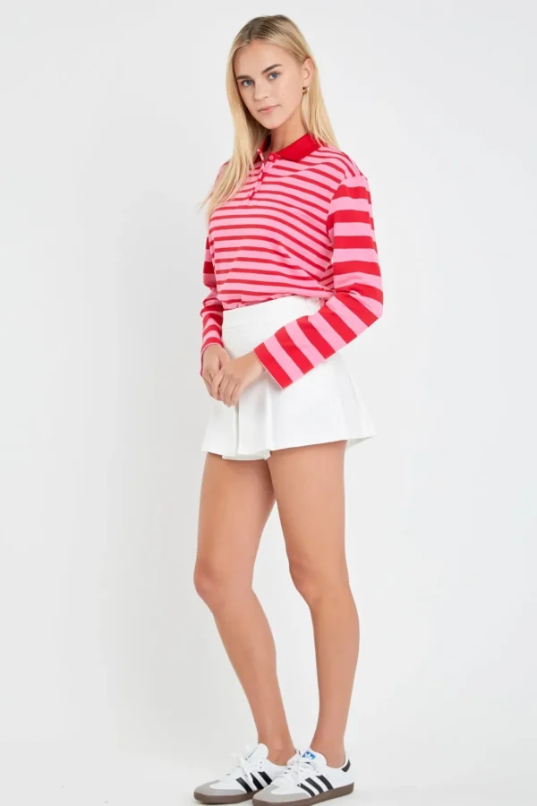 ENGLISH FACTORY Tops*- Stripe Long Sleeve Collared Knit Top PINK/RED