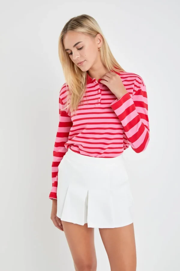 ENGLISH FACTORY Tops*- Stripe Long Sleeve Collared Knit Top PINK/RED