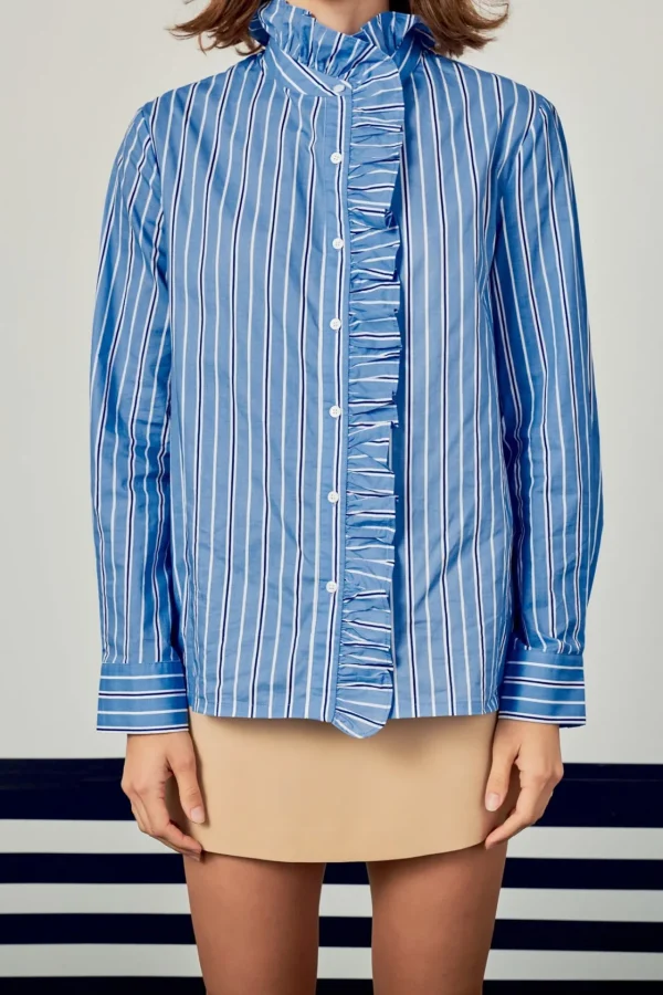ENGLISH FACTORY Tops*- Stripe Ruffled Shirt BLUE/WHITE