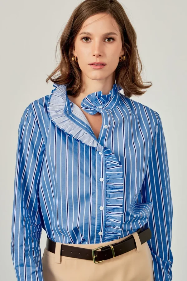 ENGLISH FACTORY Tops*- Stripe Ruffled Shirt BLUE/WHITE
