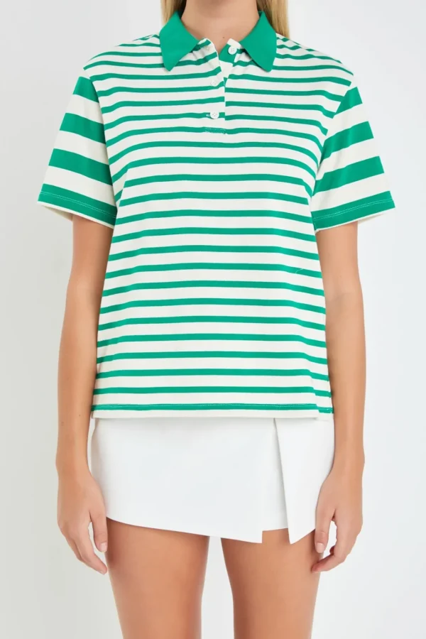 ENGLISH FACTORY Tops*- Stripe Short Sleeve Collared Knit Top GREEN