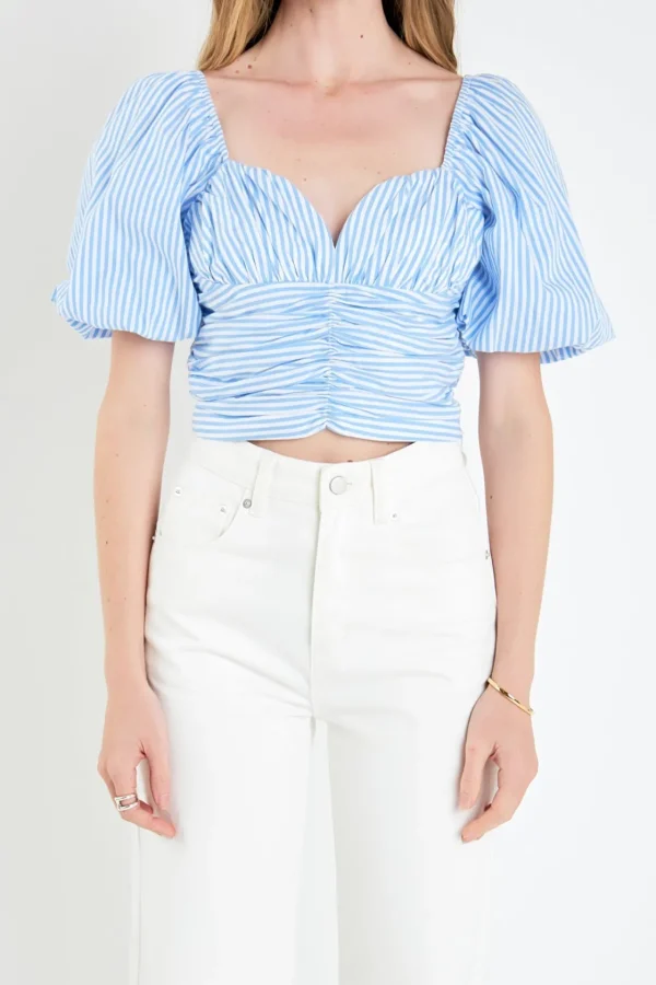 ENGLISH FACTORY Tops*- Stripe Shirred Detail Top BLUESTRIPE