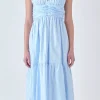 ENGLISH FACTORY White Dresses | Strapless*- Stripe Shirred Detail Midi Dress BLUE/WHITE