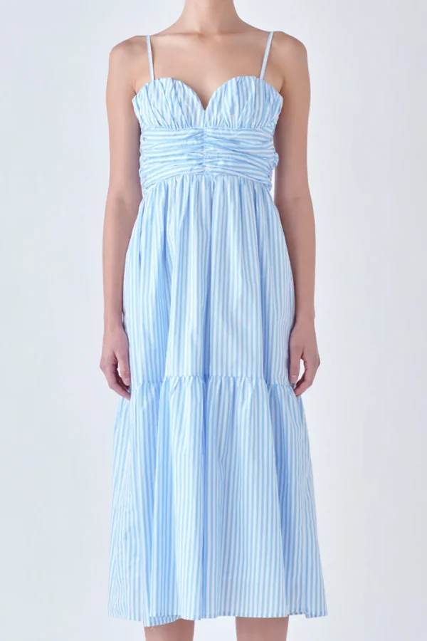 ENGLISH FACTORY White Dresses | Strapless*- Stripe Shirred Detail Midi Dress BLUE/WHITE