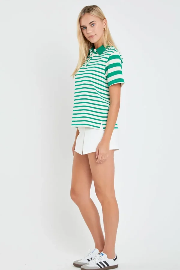 ENGLISH FACTORY Tops*- Stripe Short Sleeve Collared Knit Top GREEN