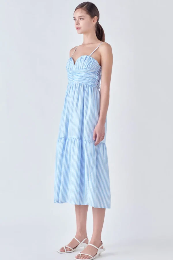 ENGLISH FACTORY White Dresses | Strapless*- Stripe Shirred Detail Midi Dress BLUE/WHITE