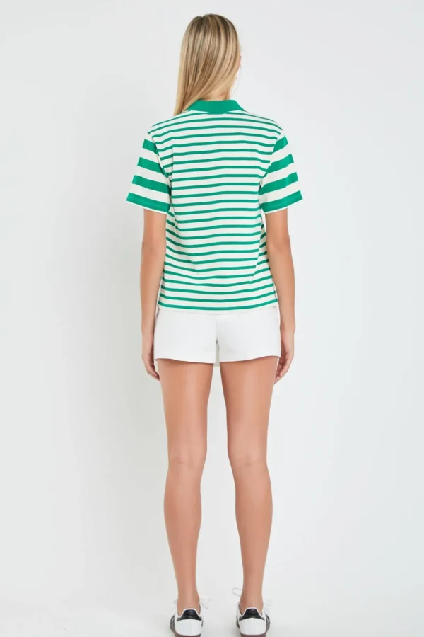 ENGLISH FACTORY Tops*- Stripe Short Sleeve Collared Knit Top GREEN