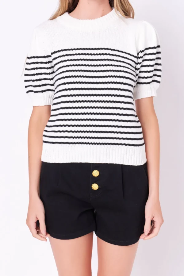 ENGLISH FACTORY Sweaters & Knits | Tops*- Stripe Short Puff Sleeve Sweater