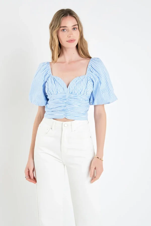 ENGLISH FACTORY Tops*- Stripe Shirred Detail Top BLUESTRIPE