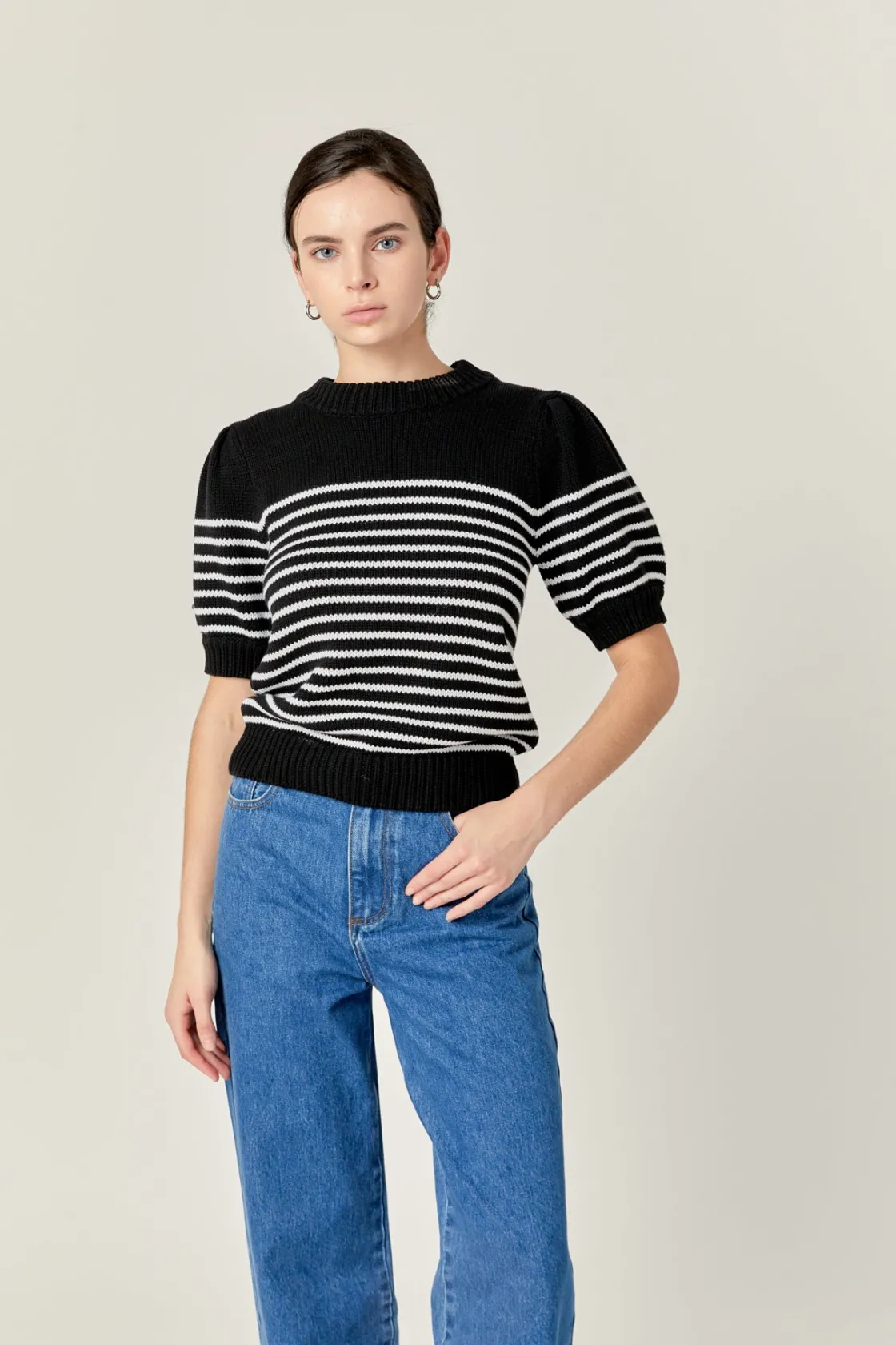 english_factory__stripe_s_3-7.webp ENGLISH FACTORY Sweaters & Knits | Tops*- Stripe Short Puff Sleeve Sweater