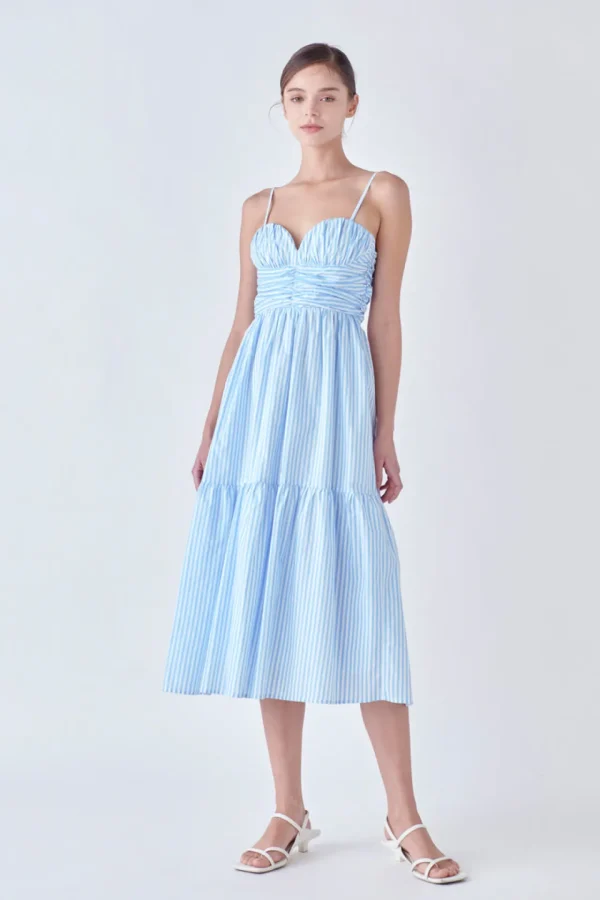ENGLISH FACTORY White Dresses | Strapless*- Stripe Shirred Detail Midi Dress BLUE/WHITE