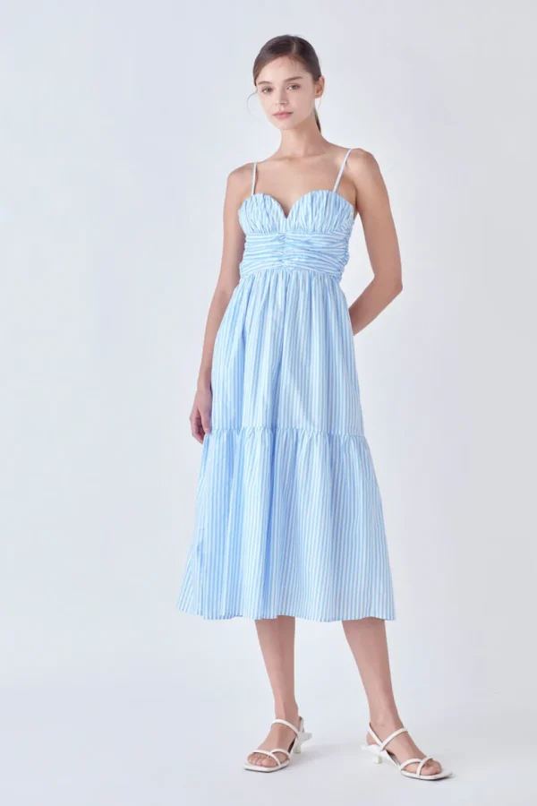 ENGLISH FACTORY White Dresses | Strapless*- Stripe Shirred Detail Midi Dress BLUE/WHITE