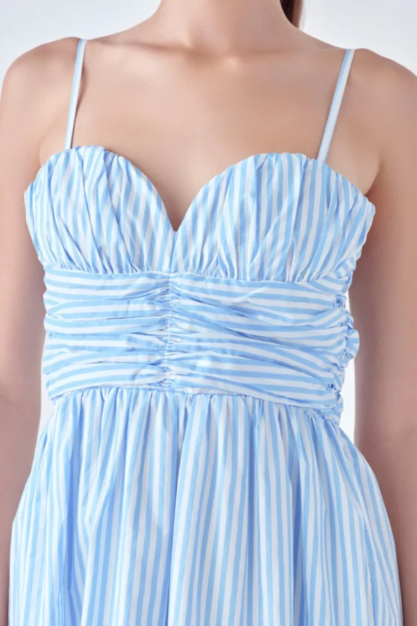 ENGLISH FACTORY White Dresses | Strapless*- Stripe Shirred Detail Midi Dress BLUE/WHITE