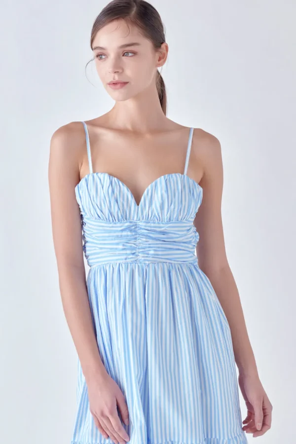 ENGLISH FACTORY White Dresses | Strapless*- Stripe Shirred Detail Midi Dress BLUE/WHITE