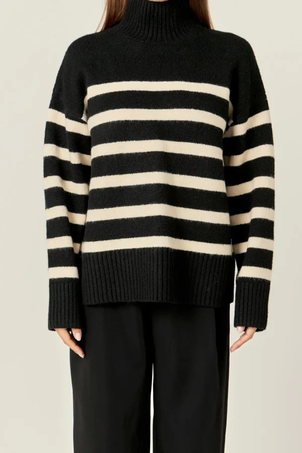 ENGLISH FACTORY Tops*- Stripe Turtle Neck Knit BLACK/CREAM
