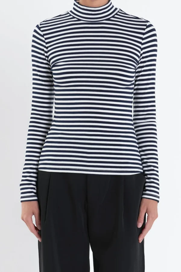 ENGLISH FACTORY Tops*- Stripe Turtle Neck Top NAVY/WHITE
