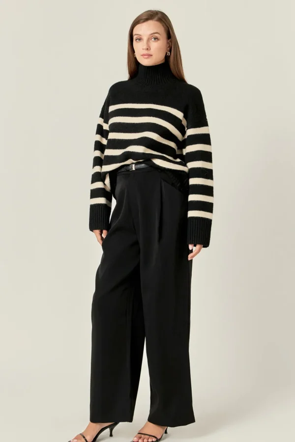 ENGLISH FACTORY Tops*- Stripe Turtle Neck Knit BLACK/CREAM