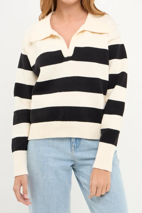 ENGLISH FACTORY Sweaters & Knits | Tops*- Stripe V-neckline with Collar Sweater CREAM/BLACK