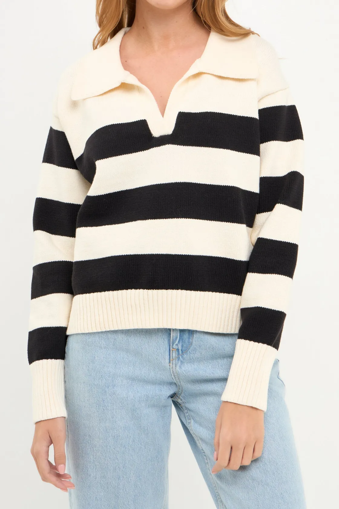 english_factory__stripe_v_0.webp ENGLISH FACTORY Sweaters & Knits | Tops*- Stripe V-neckline with Collar Sweater CREAM/BLACK