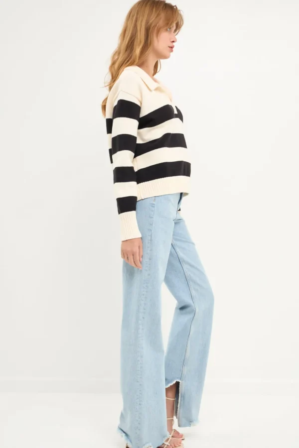 ENGLISH FACTORY Sweaters & Knits | Tops*- Stripe V-neckline with Collar Sweater CREAM/BLACK