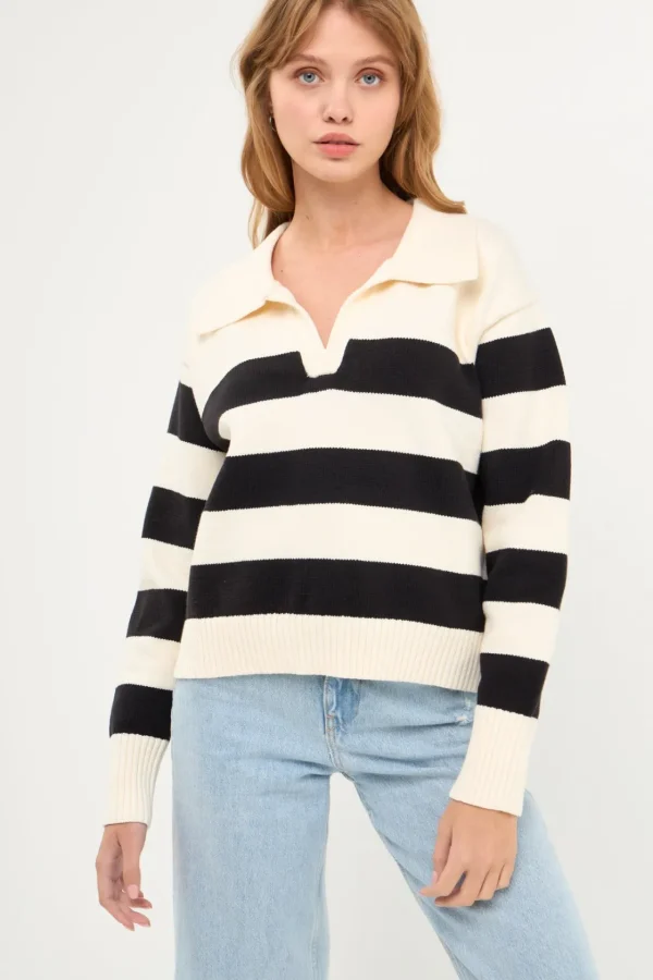 ENGLISH FACTORY Sweaters & Knits | Tops*- Stripe V-neckline with Collar Sweater CREAM/BLACK