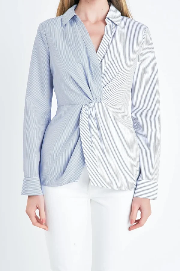 ENGLISH FACTORY Tops*- Striped Combo Twist Front Shirt WHITE/BLUE