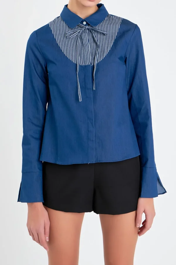 ENGLISH FACTORY Shirts & Blouses | Tops*- Striped Bib Shirts CHAMBRAY