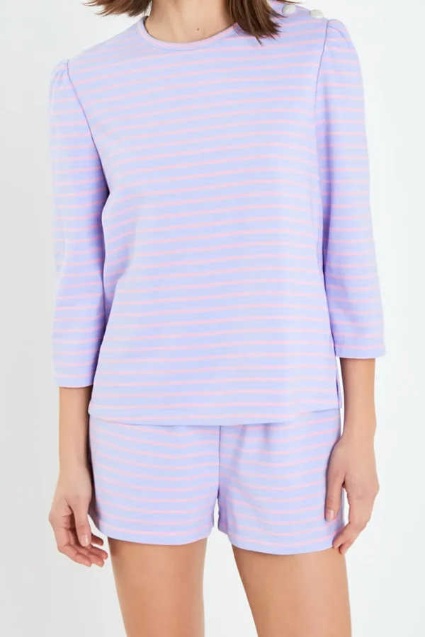 ENGLISH FACTORY Matching Sets | Tops*- Striped Puff Sleeve Breton Tee LAVENDER/PINK