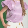 ENGLISH FACTORY Tops*- Striped Knit with Poplin Puff Sleeve Top