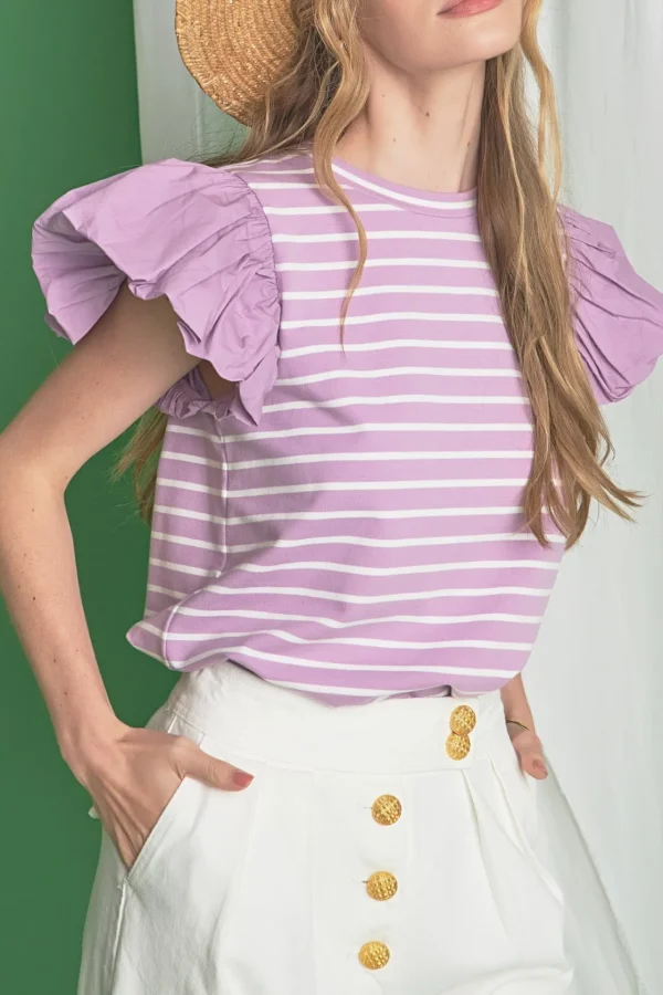 ENGLISH FACTORY Tops*- Striped Knit with Poplin Puff Sleeve Top