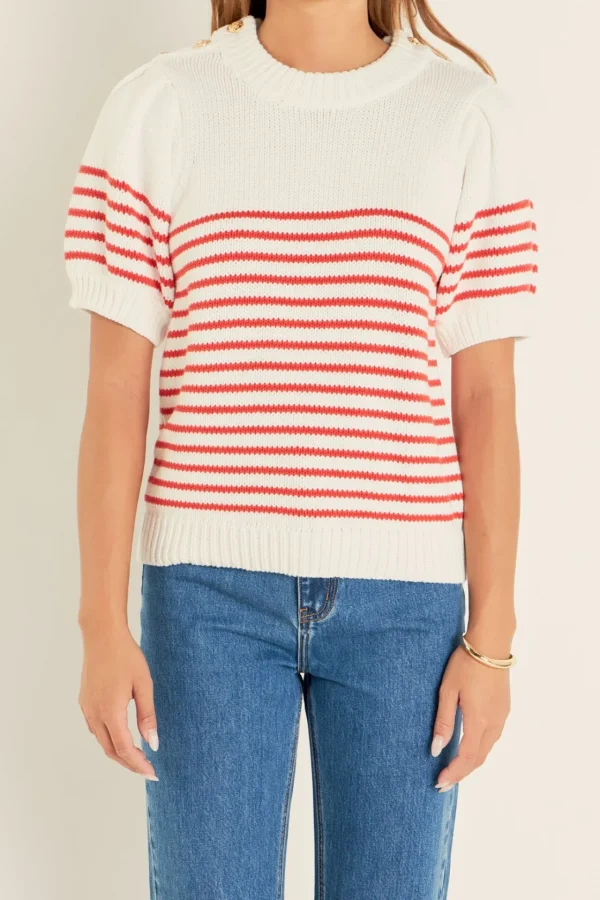 ENGLISH FACTORY Sweaters & Knits | Tops*- Striped Short Puff Sleeve Sweater with Buttons