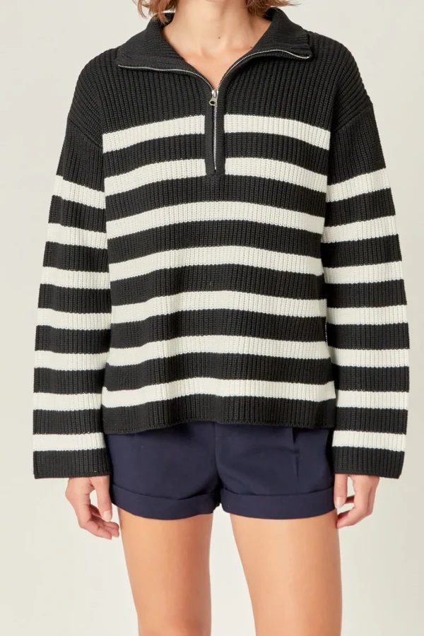 ENGLISH FACTORY Sweaters & Knits | Tops*- Striped Half-Zip Knitted Sweater BLACK/WHITE