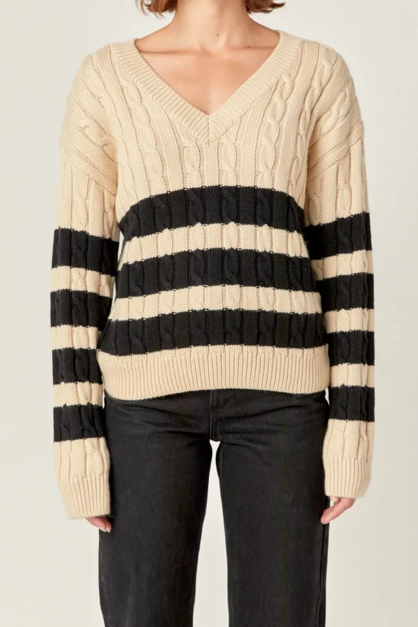ENGLISH FACTORY Sweaters & Knits | Tops*- Striped Cable Knit Sweater BEIGE/BLACK