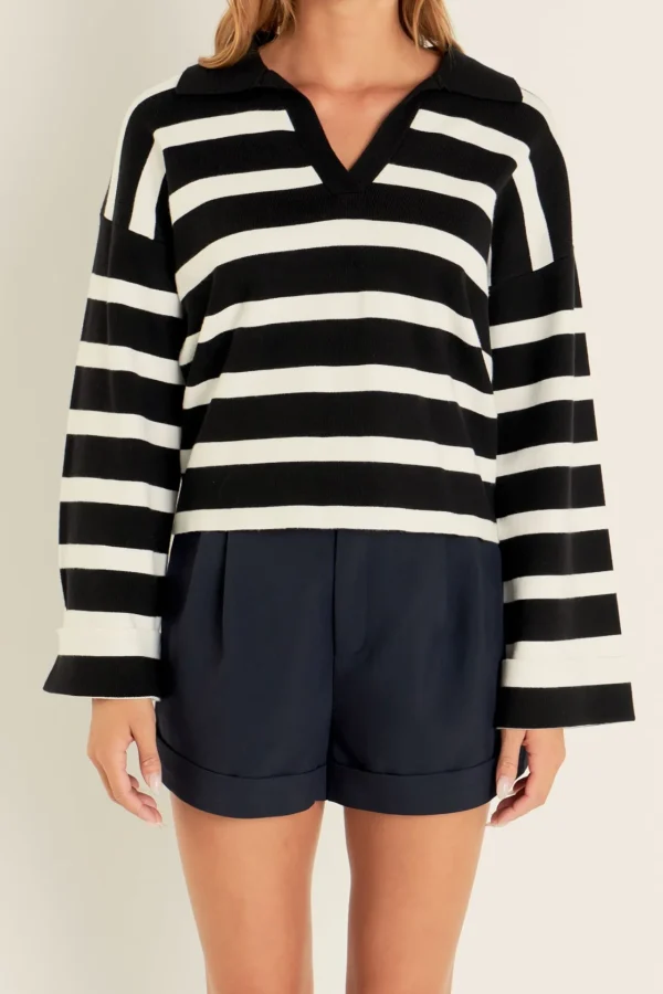 ENGLISH FACTORY Sweaters & Knits | Tops*- Striped Collared Cropped Sweater BLACK/WHITE