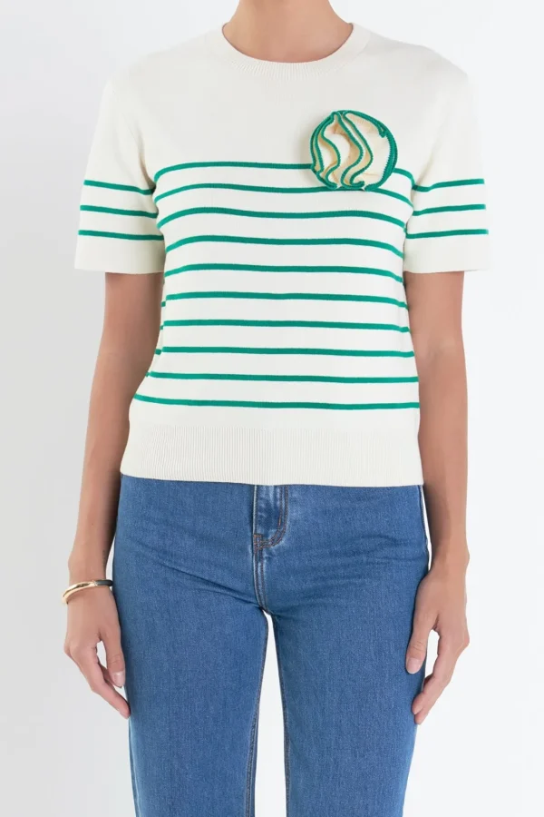 ENGLISH FACTORY Sweaters & Knits | Tops*- Striped Knit Sweater with Flower Applique IVORY/GREEN