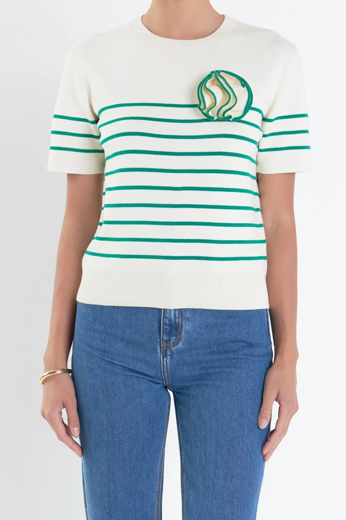 english_factory__striped__0-39.webp ENGLISH FACTORY Sweaters & Knits | Tops*- Striped Knit Sweater with Flower Applique IVORY/GREEN