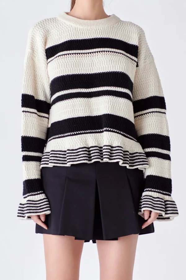 ENGLISH FACTORY Sweaters & Knits | Tops*- Striped Knit Sweater With Ruffles IVORY/BLACK