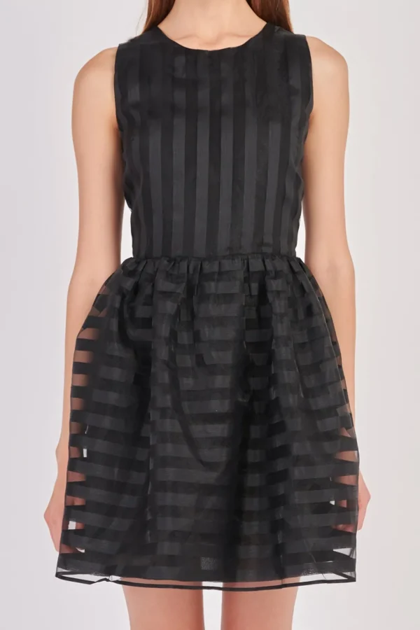 ENGLISH FACTORY Organza | Tops*- Striped Organza Sleeveless Mini Dress BLACK
