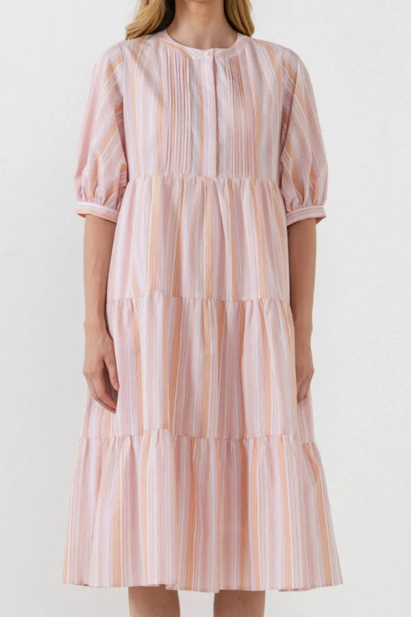 ENGLISH FACTORY Boho Dresses | Tops*- Striped Midi Dress in Orange ORANGEMULTI